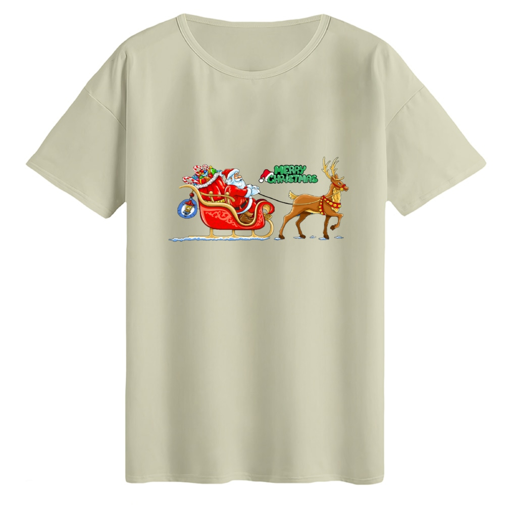 تی‌شرت لانگ آستین کوتاه زنانه مدل بابانوئل و گوزن کریسمس کد 2 رنگ کرم