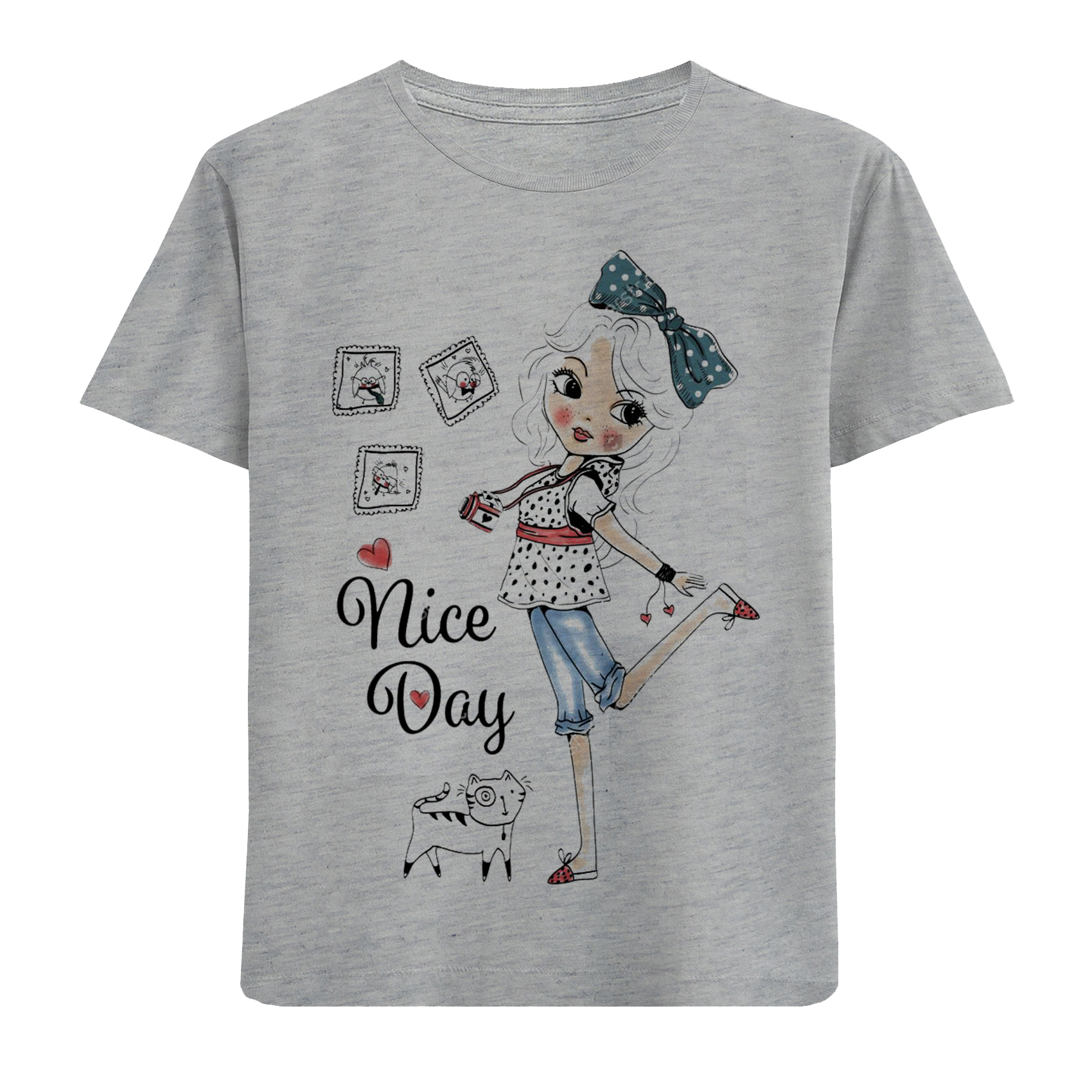 تی شرت آستین کوتاه بچگانه مدل دختر و گربه F255