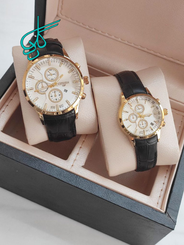 خرید ست ساعت زنانه و مردانه چرمی مارک سیتیزن تک موتوره تقویم دار رنگ ثابت کد 2116491 - ردگل