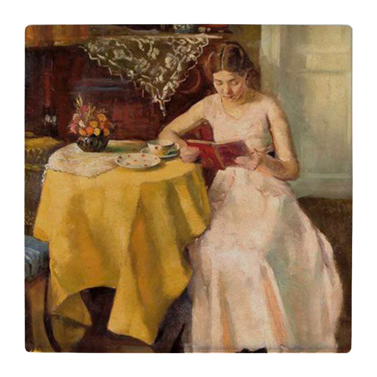 زیر لیوانی  طرح بانوی کتابخوان و میز ناهار خوری کد    4824252_3713