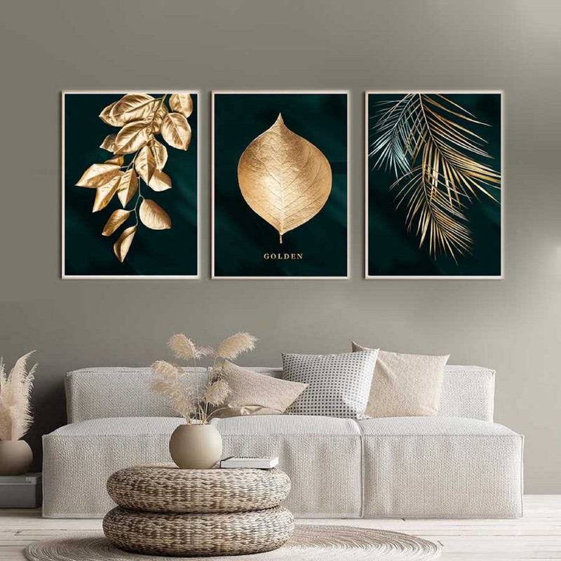 تابلو بکلیت طرح برگ طلایی مدل دکوراتیو T-341 مجموعه 3 عددی | دنیای قاب