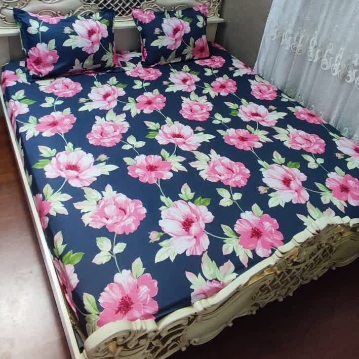 روتختی دونفره کشدار تخت دونفره نیم ست روتختی گل دار گل رز زمینه  خاکستری سیر 