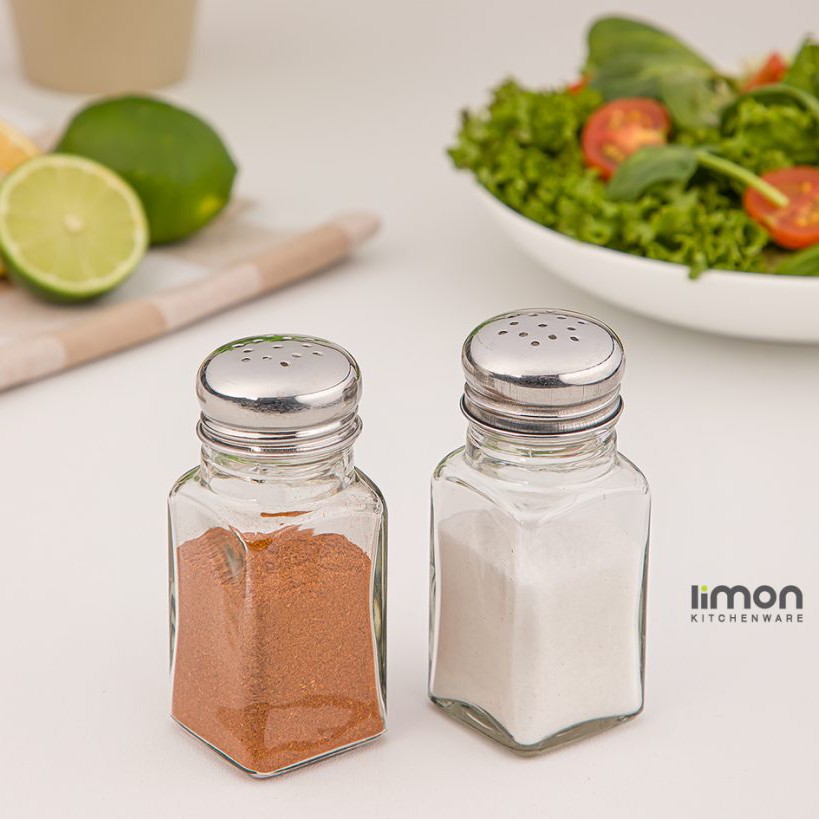 نمک پاش چهار گوش شیشه ای دو عددی درب استیل لیمون 