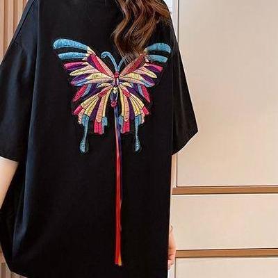 تیشرت لانگ و لش وارداتی با پروانه گلدوزی شده پشت و رو