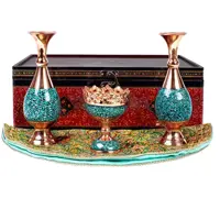 ست گلدان و آجیل خوری فیروزه‌کوبی و ترمه آرا هنر فاخر ایرانی مدل V156 مجموعه 4 عددی