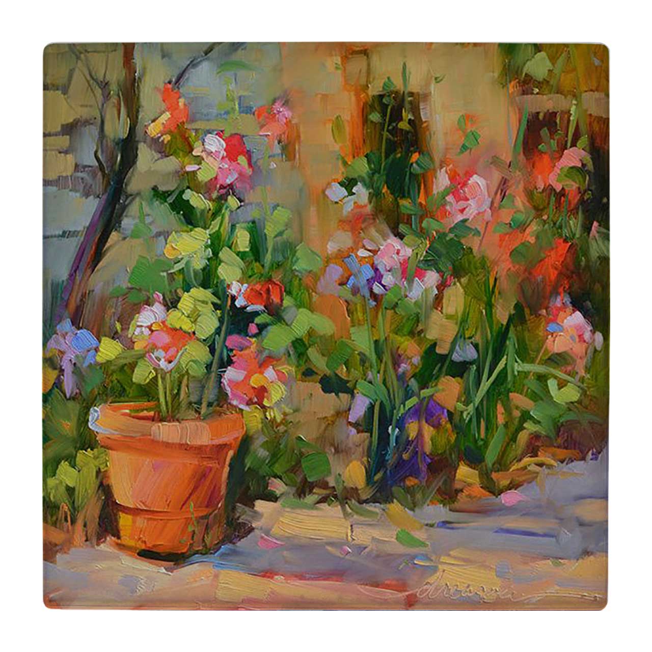  کاشی کارنیلا طرح نقاشی گلدان سفالی و باغچه گل کد wk18