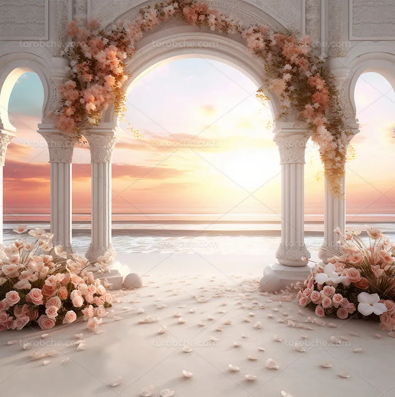 بک دراپ عکاسی عروس و داماد با گلهای گلبهی رنگ | گرافیک با طعم تربچه