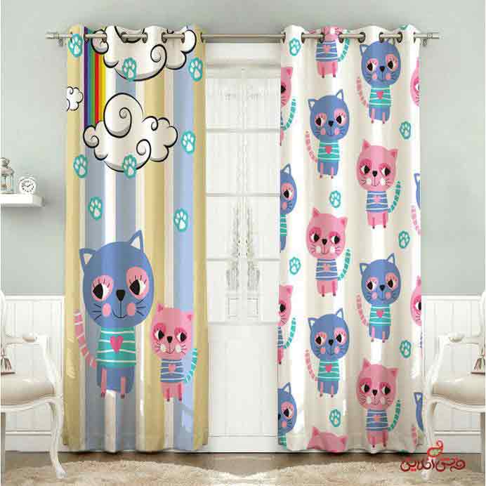 پرده 2عددی کودک طرح گربه های صورتی، آبی کد 2556