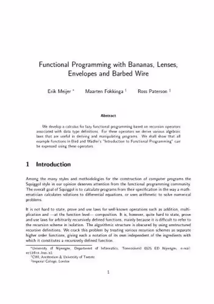 خرید و دانلود نسخه کامل کتاب Functional Programming with Bananas, Lenses, Envelopes and Barbed Wire