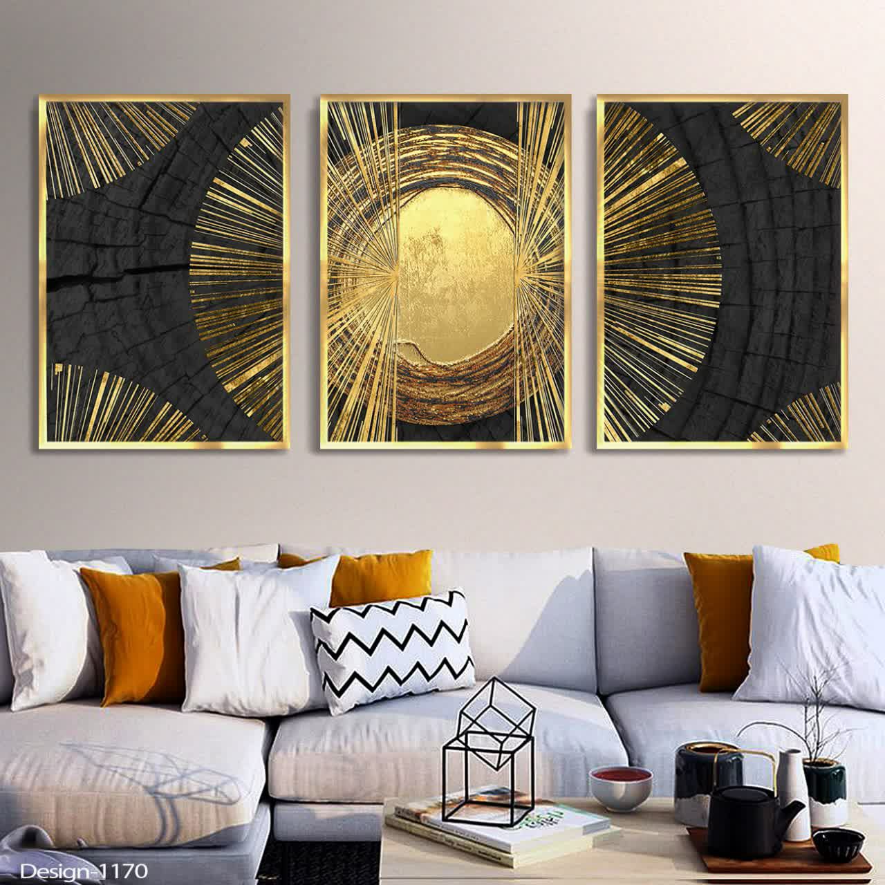 تابلو دکوراتیو مجموعه فرم های آبستره طلایی 3تیکه سایز 35در50