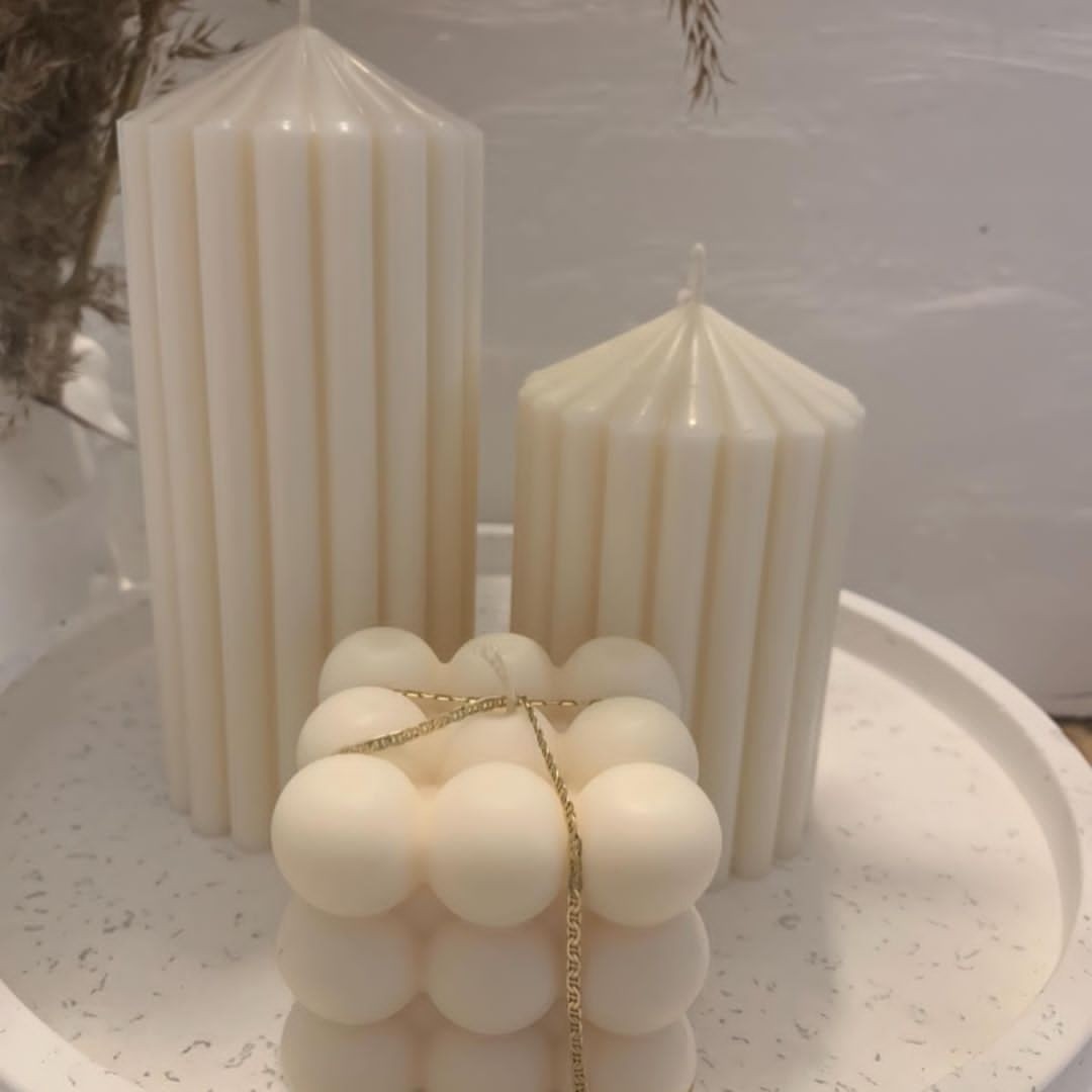 شمع ست استوانه شیاردار کله قندی و روبیک (رنگ سفید)