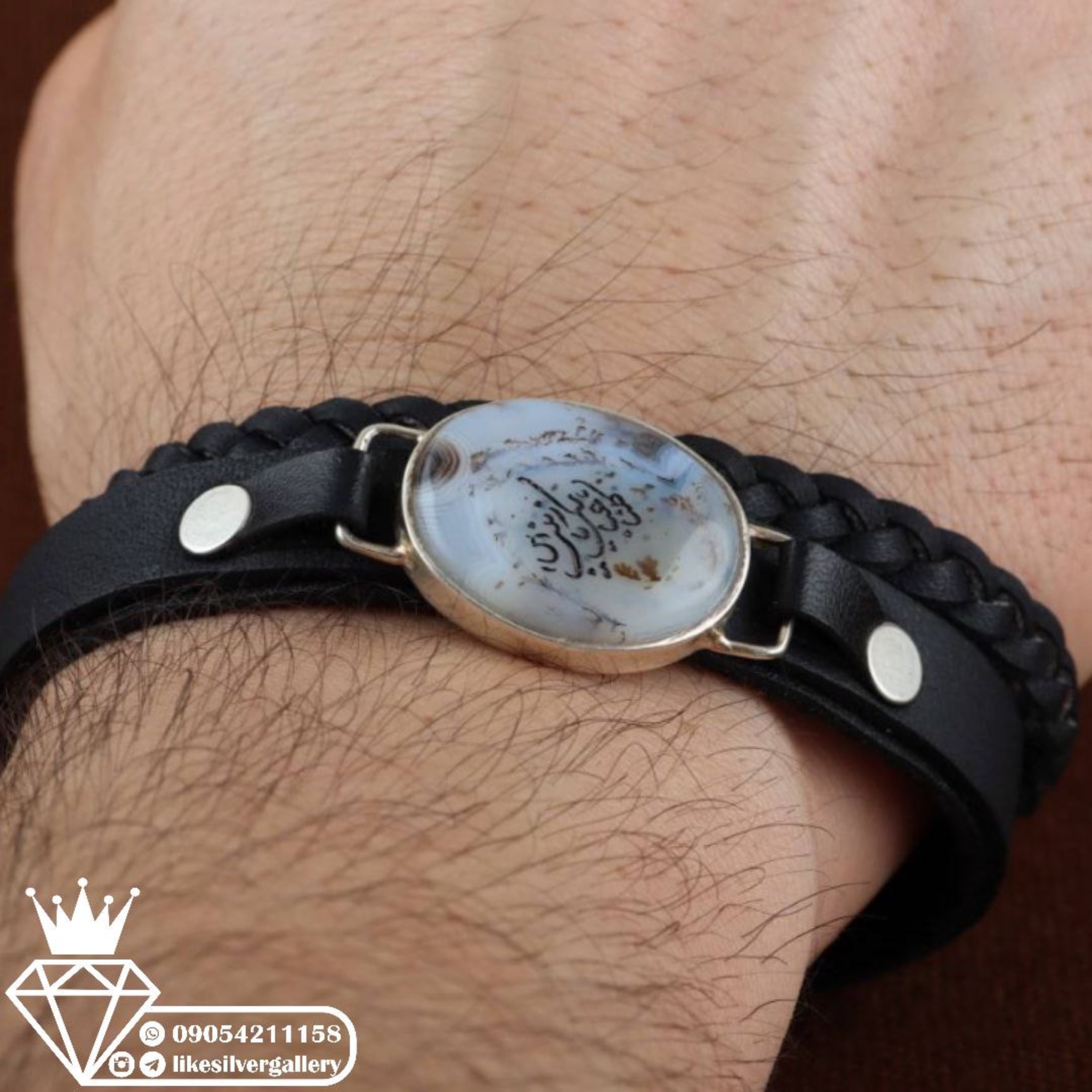 دستبند عقیق شجر خطی چرم گاوی درجه یک فیروزه نیشابوری