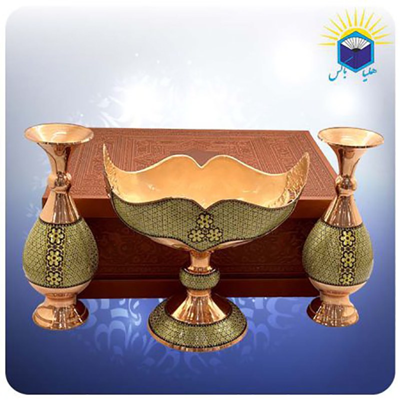 ست کشکول قلمزده 25 سانت و دو گلدان 25 سانت مس و خاتم کاری شالدار با جعبه ام دی ا