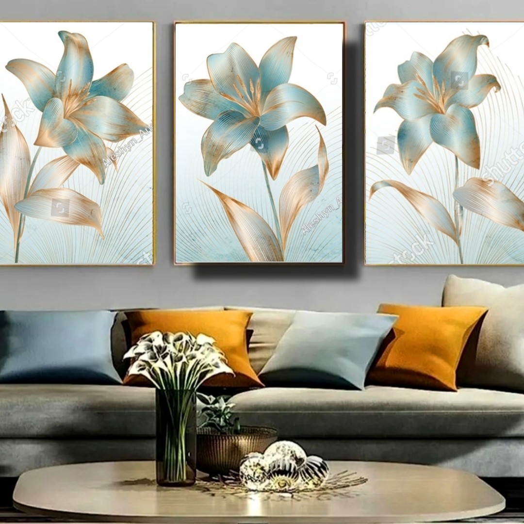 تابلو دکوراتیو گل شیپوری آبی وطلایی سه تکه 