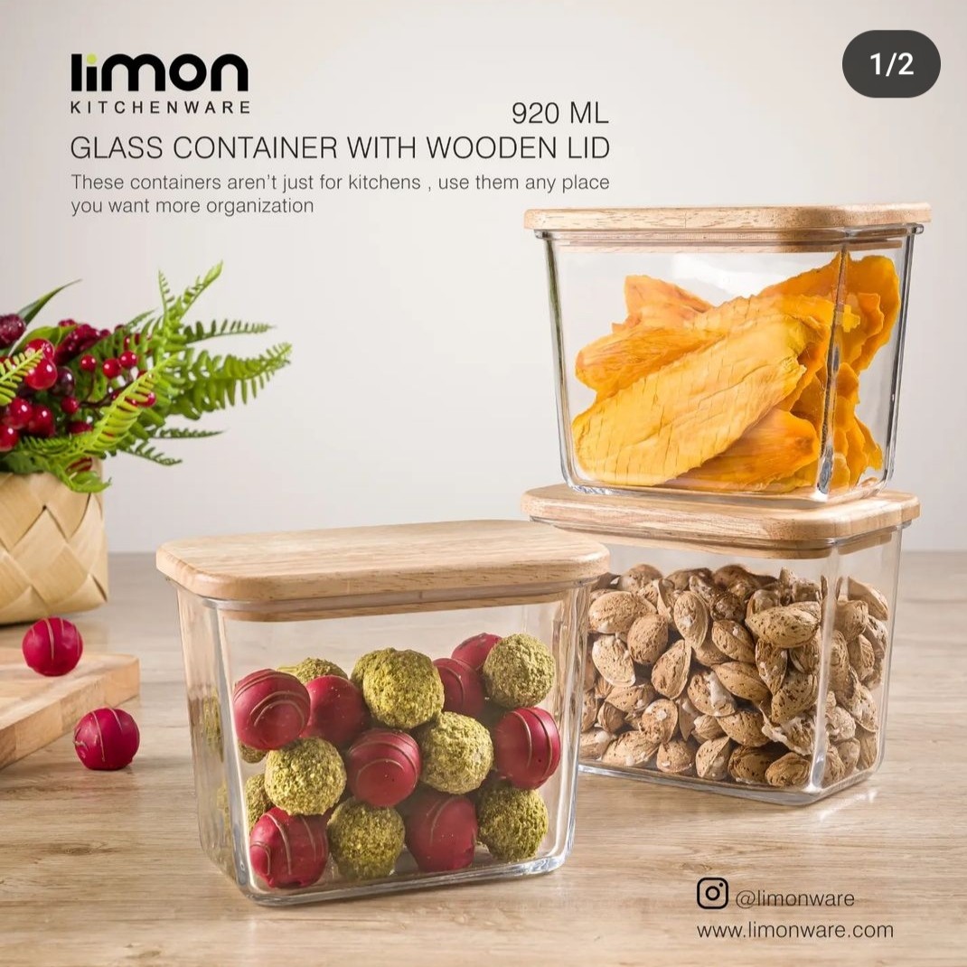 ظرف شیشه ای مستطیل 920 میلی لیتر درب چوبی لیمون(1عددی)