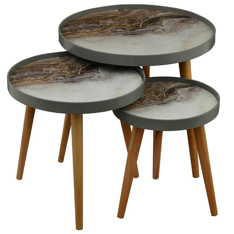 ميز عسلی چوبی سه تکه با با شيشه طرح دار کد محصول: T-ALMA-731-CAPRI-GRAY&WHITE