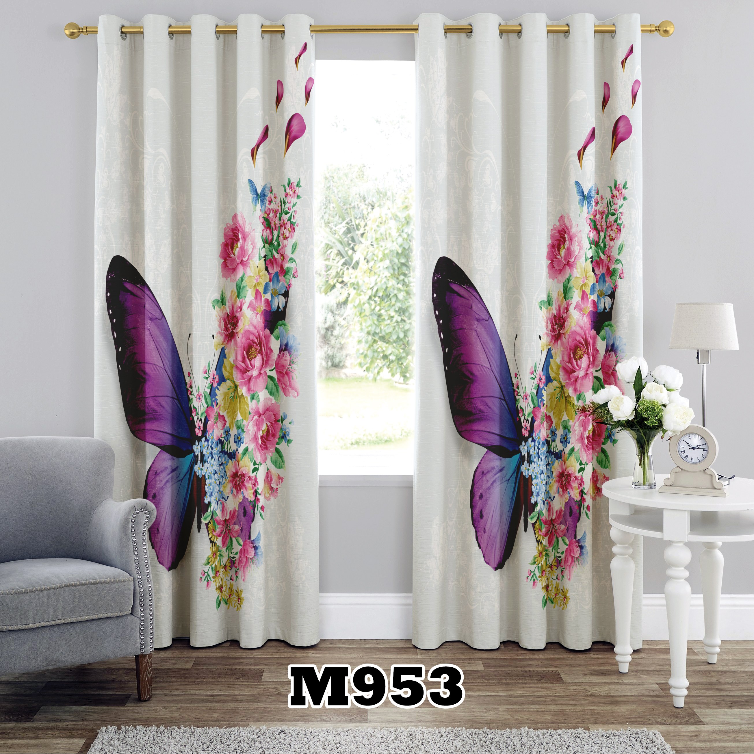پرده چاپی طرح پروانه کد M953 تک قواره ارتفاع 300 عرض 140 سانت