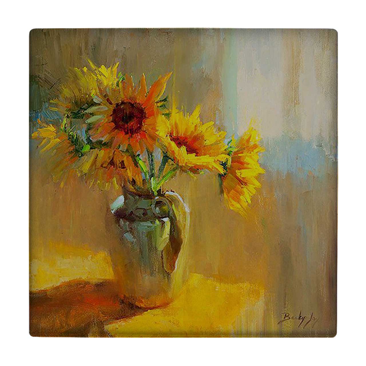 کاشی کارنیلا طرح نقاشی گل های آفتابگردان در گلدان مدل لوحی کد klh765