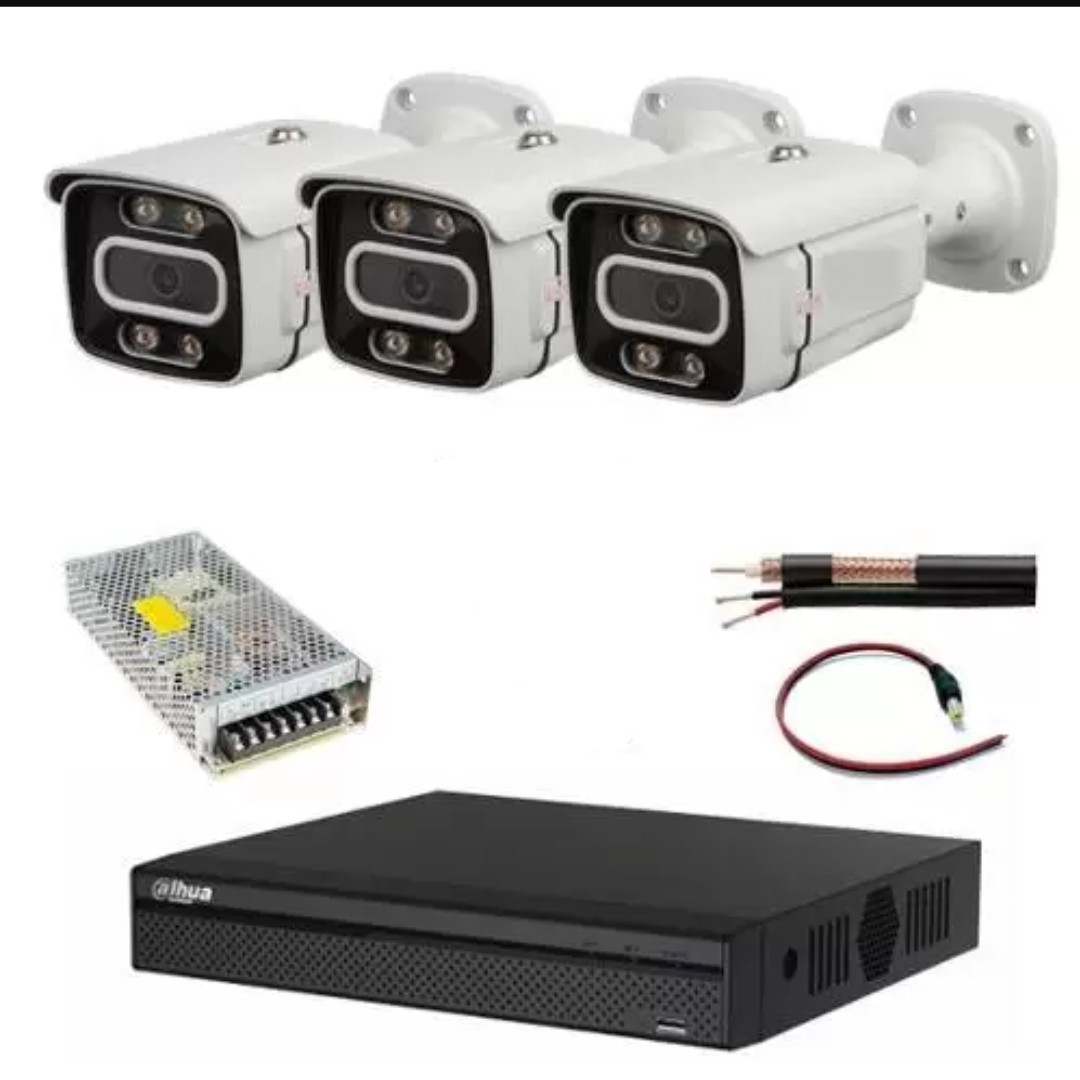 پکیج کامل دستگاه 4 کانال داهوا به همراه 3 عدد دوربین مداربسته وارم لایت