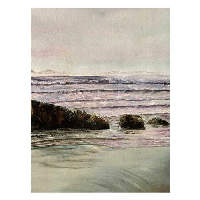 تابلو نقاشی رنگ روغن طرح مادر و فرزندان کنار دریا