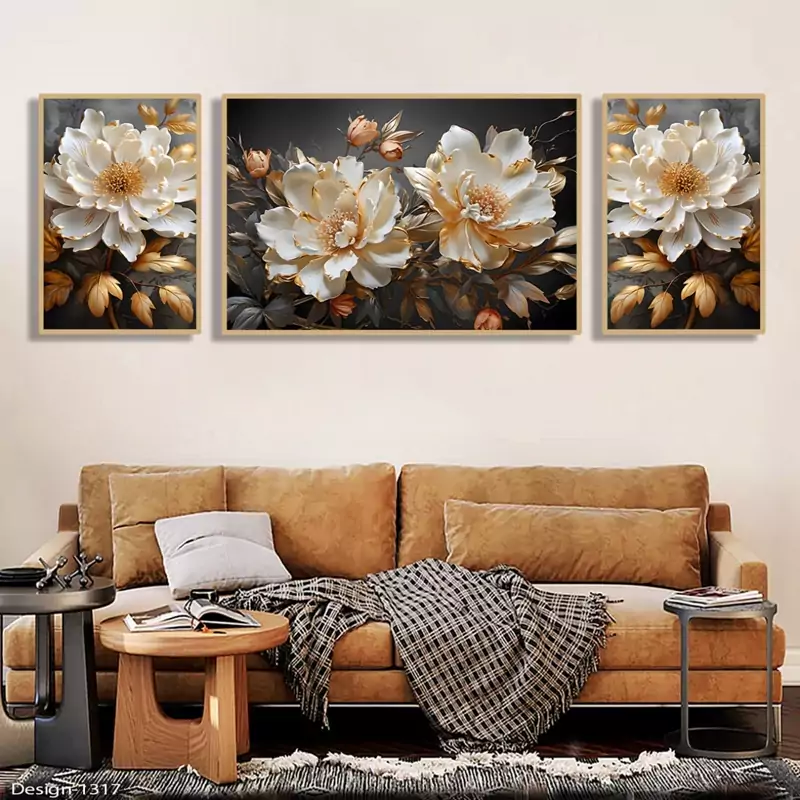 تابلو دکوراتیو  گل های سفید با برگهای طلایی یک سه تیکه نامنظم | دنیای قاب