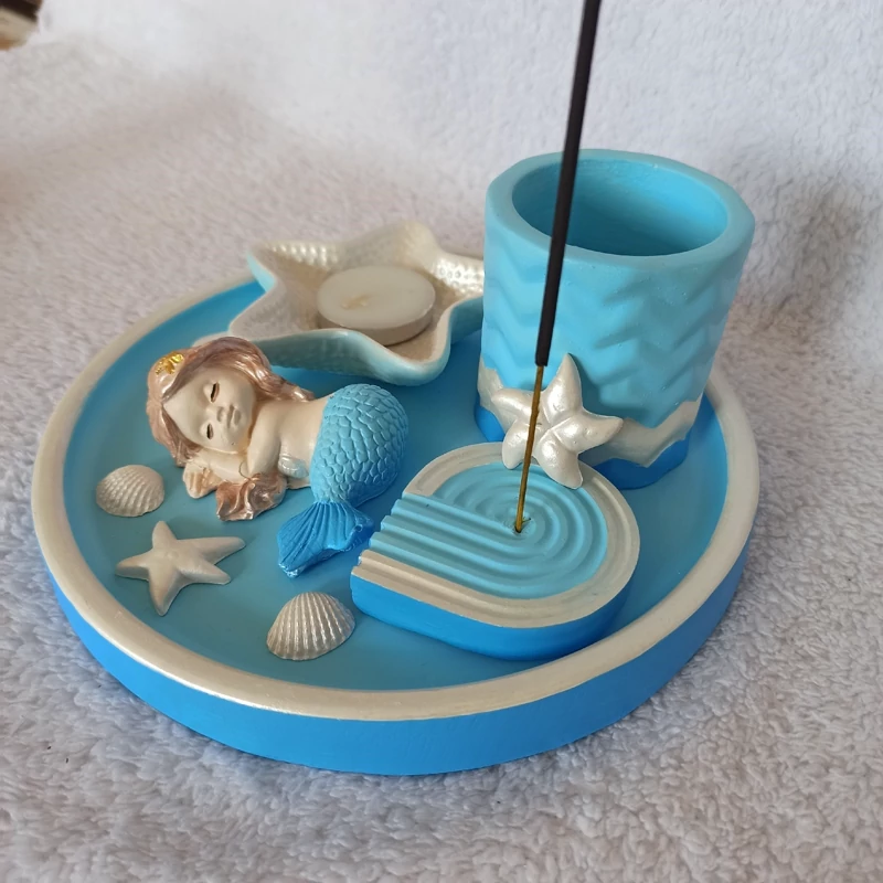 اکسسوری بتنی 5 تکه سنگ مصنوعی ست ساحلی  ، اجزا شامل جاعودی ، جاشمعی ، مجسمه پری دریایی ، جای لوازم آرایشی و قلم و ماژیک