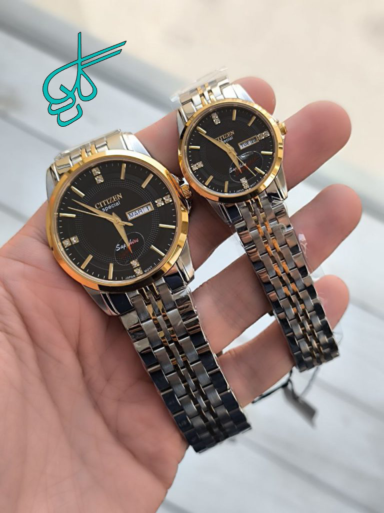 خرید ست ساعت زنانه و مردانه مارک سیتیزن موتور ژاپن فول استیل رنگ ثابت دوقفله مخفی تقویم دار کد 2116511 - ردگل