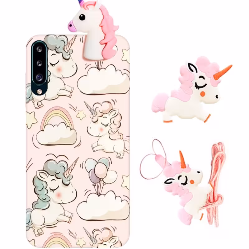 قاب فانتزی عروسکی اسب تک شاخ مناسب برای Samsung Galaxy A70 مدل بند آویز و پاپ سوکت دار دخترانه Unicorn Girly Cartoon Case