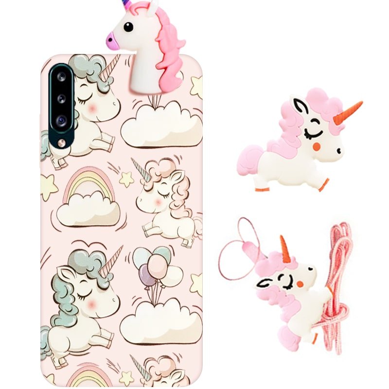 قاب فانتزی عروسکی اسب تک شاخ مناسب برای Samsung Galaxy A70 مدل بند آویز و پاپ سوکت دار دخترانه Unicorn Girly Cartoon Case