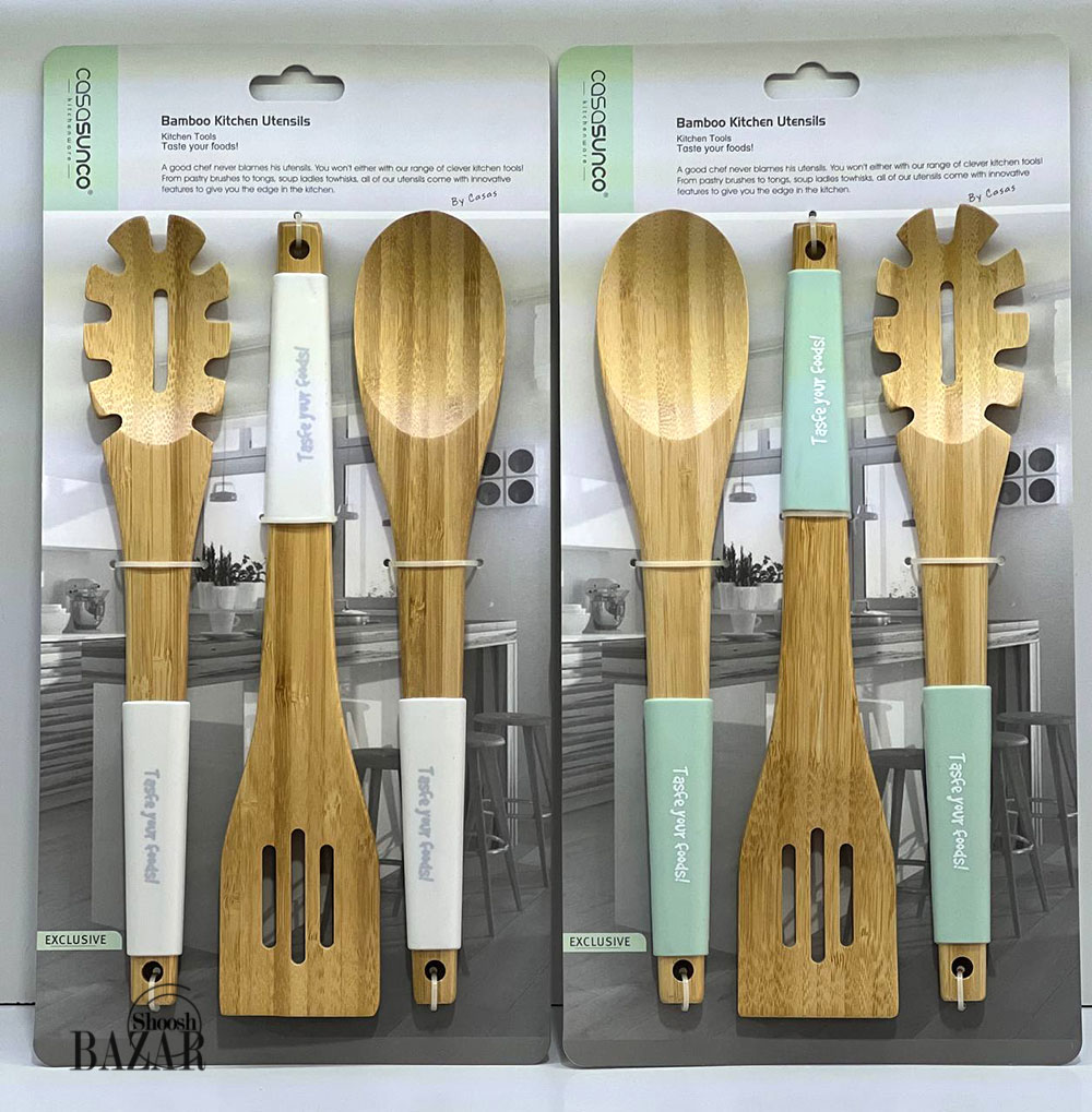 ست کفگیر و قاشق 3 عددی بامبو دسته سیلیکونی