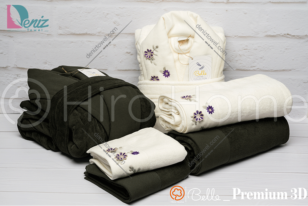 حوله ست دو نفره بلو گل برجسته رنگ شیری یشمی تیره