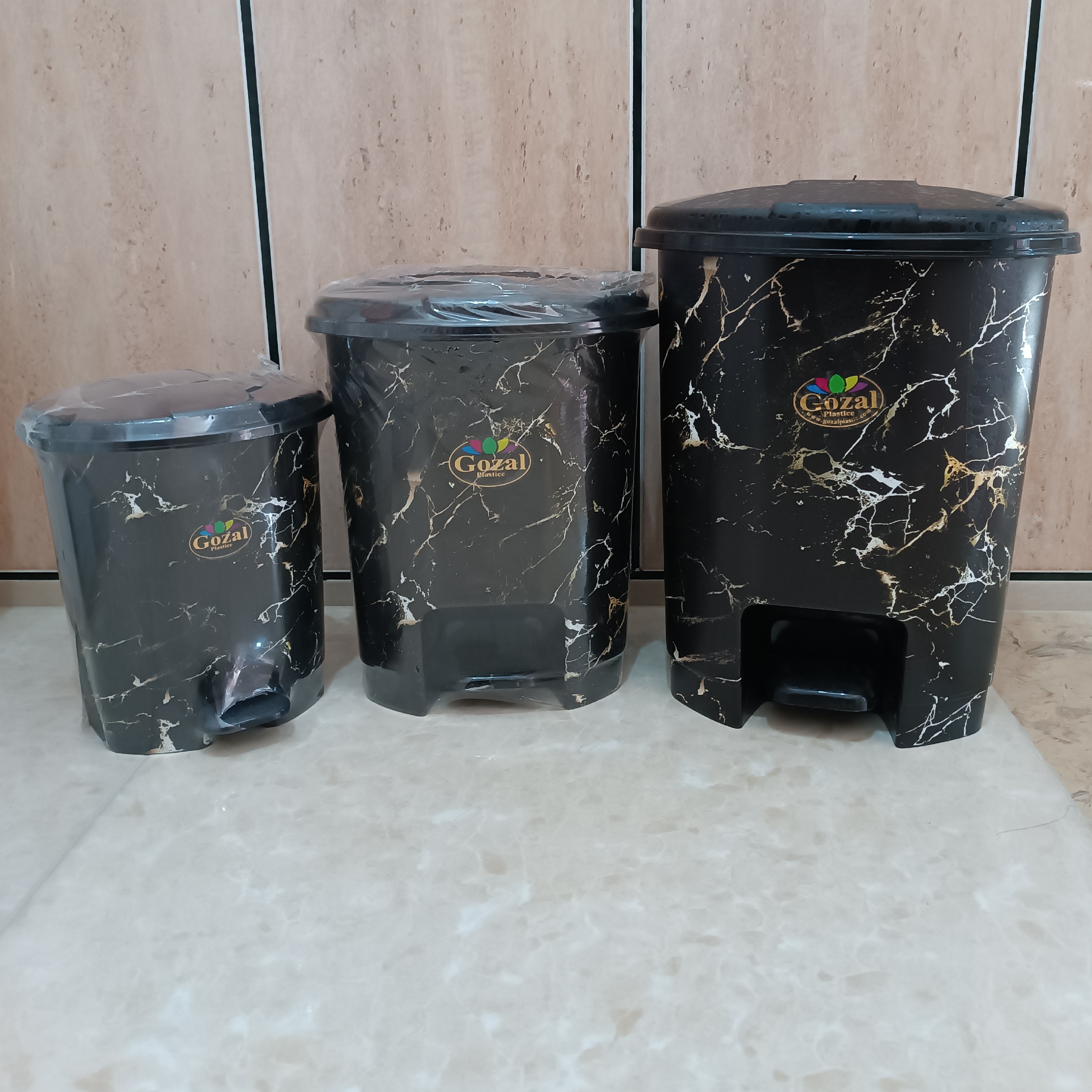 سرویس سه عددی سطل زباله پدالی ماربل ، سایز کوچک ،متوسط ، بزرگ، رنگ مشکی