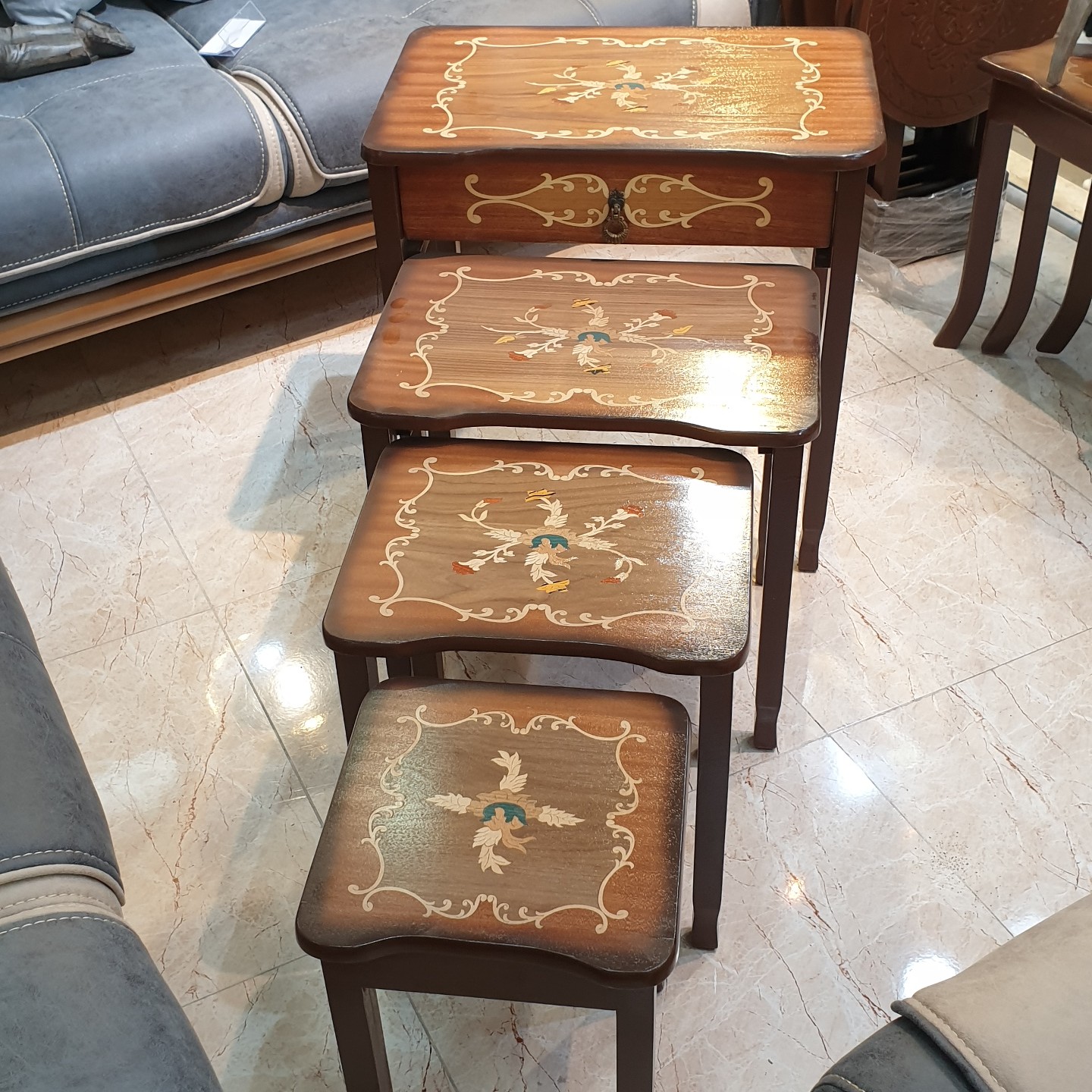 میز عسلی چهار تکه معرق کشودار رنگ پلیشی