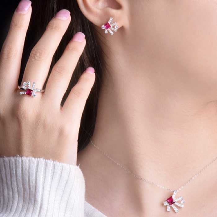 نیم ست جواهری نقره عیار 925 بدون ریزش نگین با آبکاری رادیوم(قرمز)