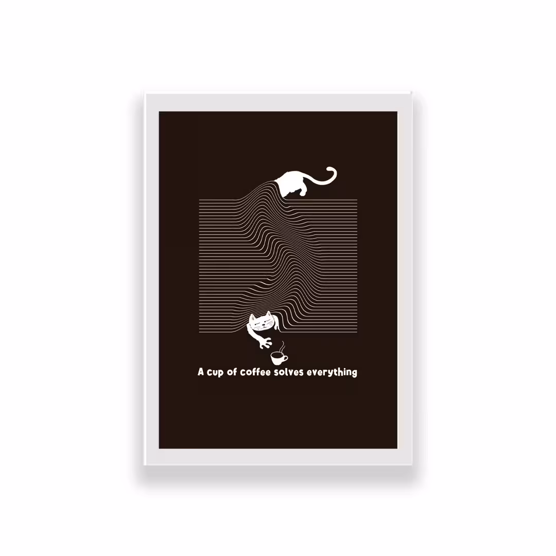 تابلو طرح گربه a cup of coffee solves everything