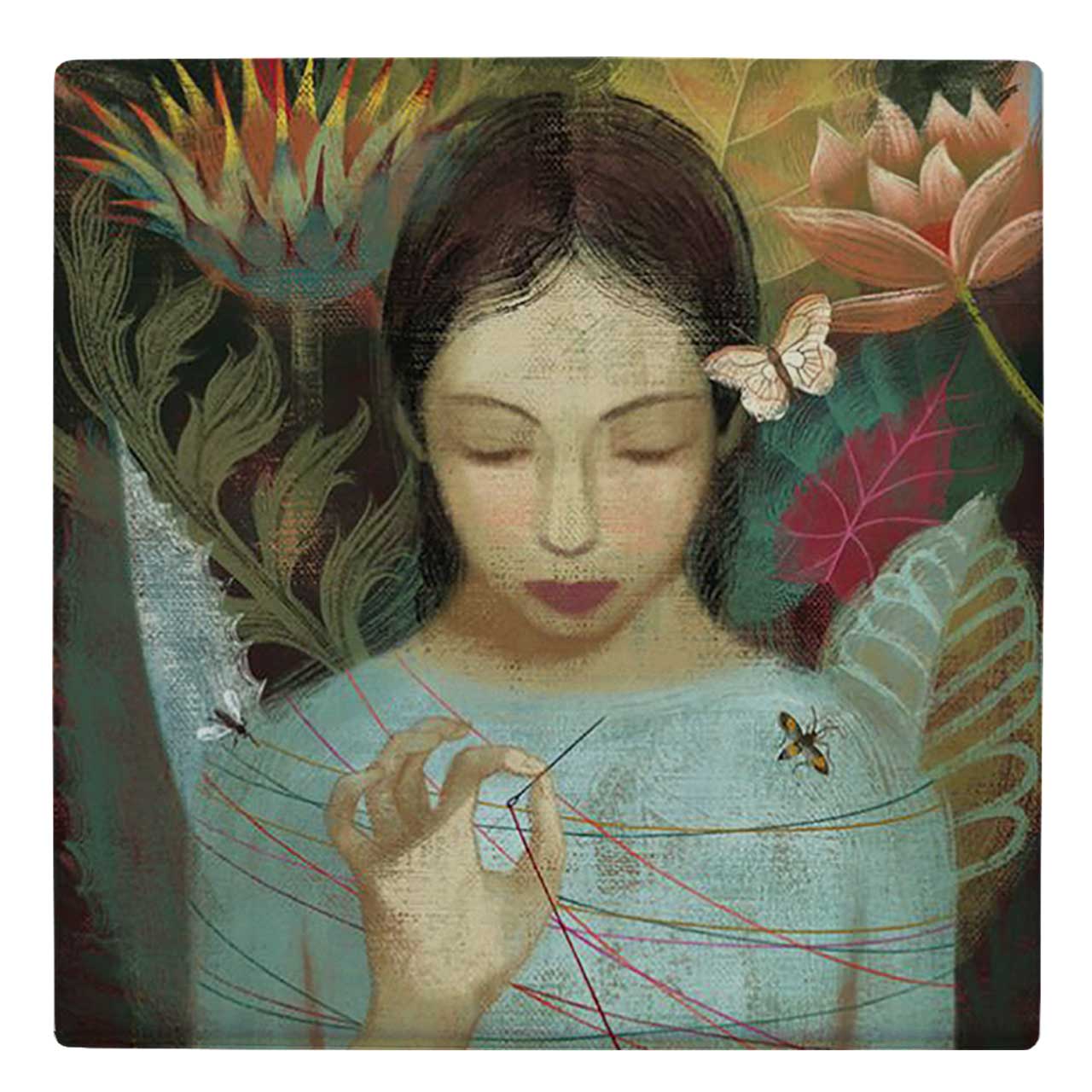  کاشی کارنیلا طرح نقاشی دختر و سوزن و نخ کد wk144