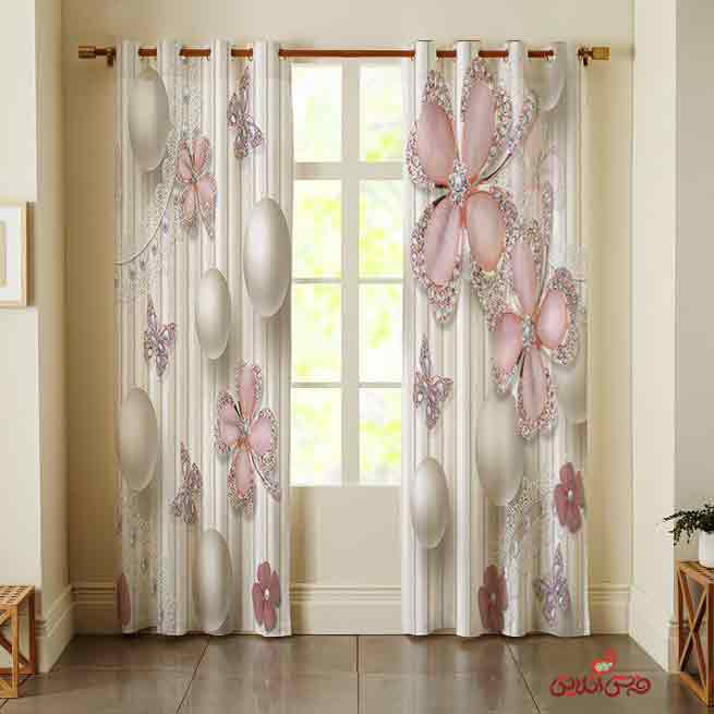 پرده 2عددی گل صورتی نقره ای و مروارید کد 2525