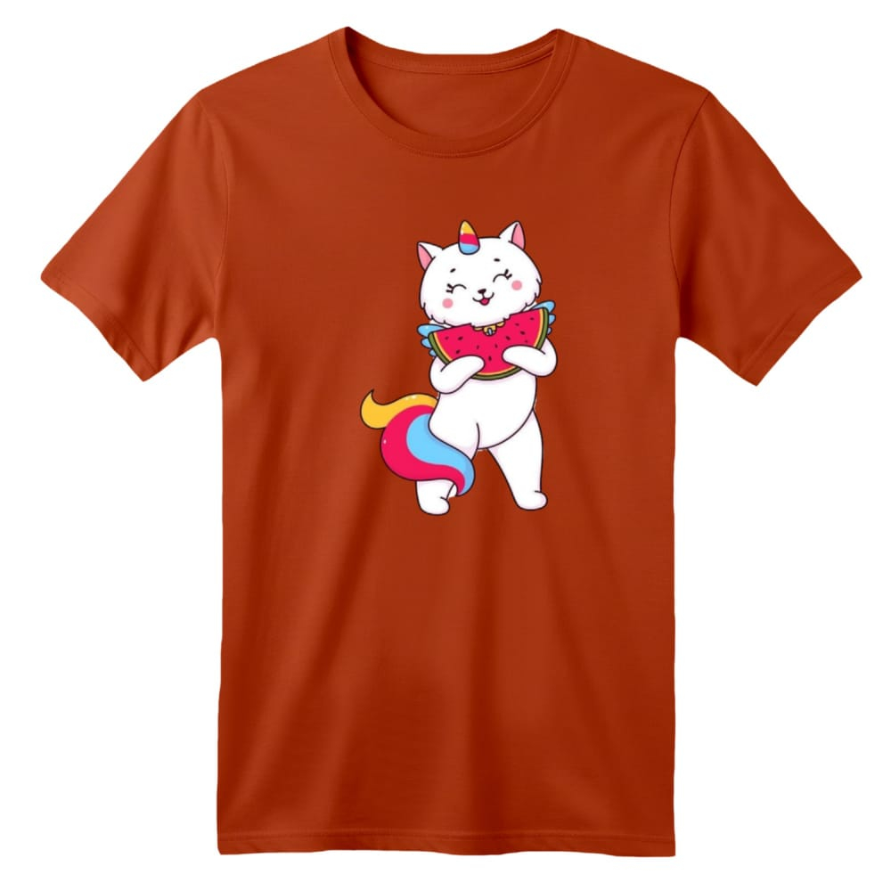 تی شرت آستین کوتاه بچگانه مدل گربه یلدایی کد 1 رنگ آجری