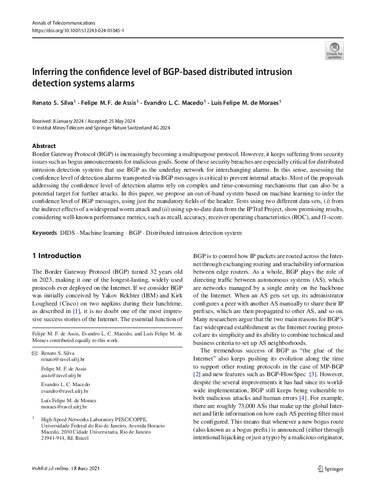 خرید و دانلود نسخه کامل کتاب Inferring the confidence level of BGP-based distributed intrusion detection systems alarms