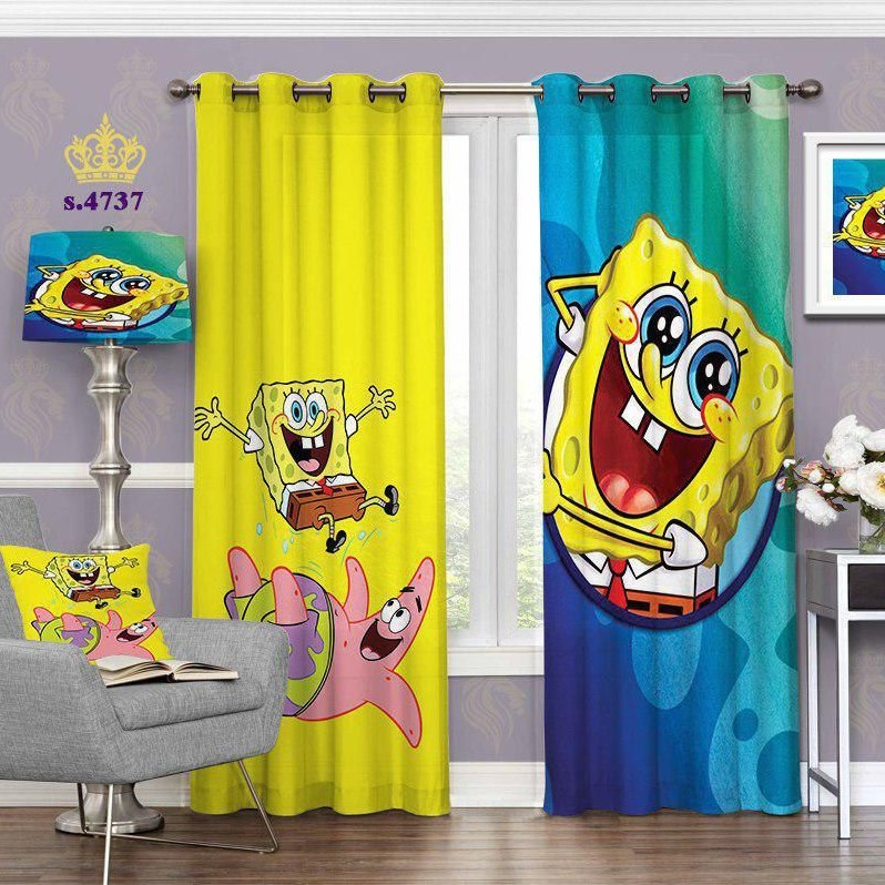 پرده اتاق خواب کودک دو قواره طرح کارتون باب اسفنجی کد S4737