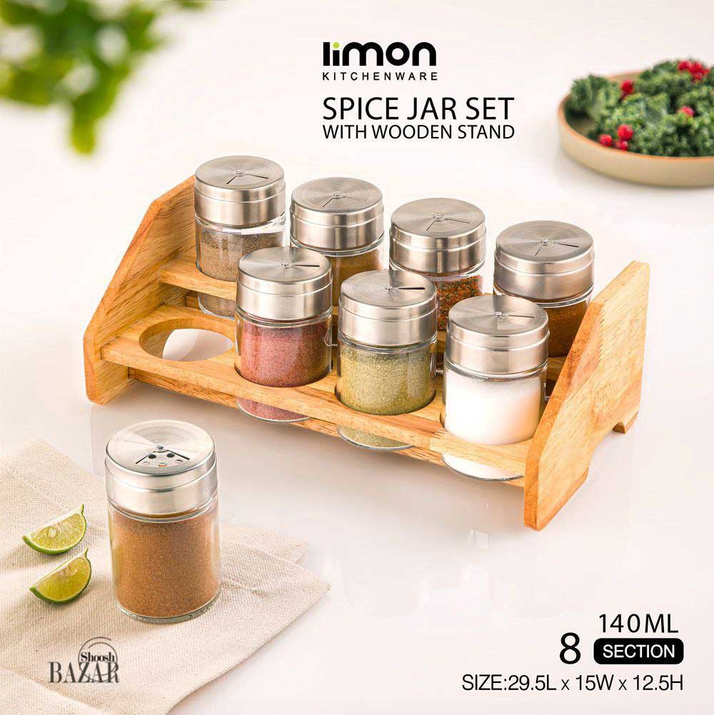 ست ادویه 8 عددی استیل با استند چوبی لیمون کد 2439