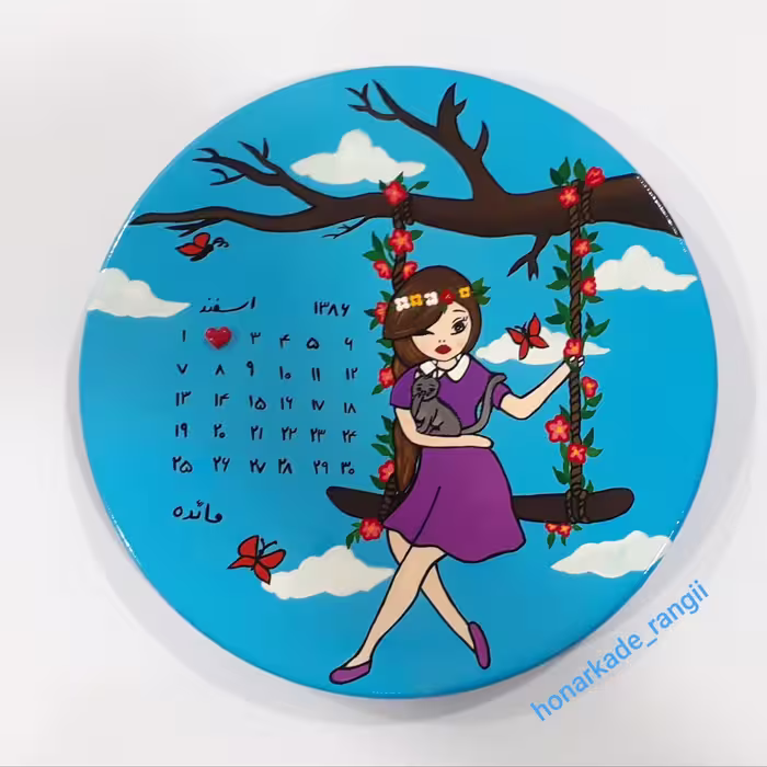 دیوارکوب سفالی دخترونه و گربه همراه تقویم