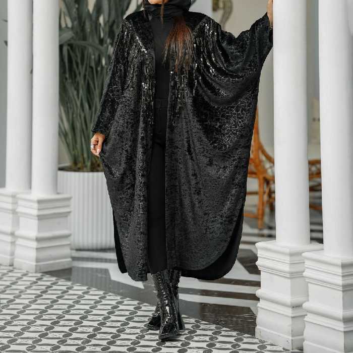 مانتو مجلسی بلند ترک مخمل طرح دار  سایز 36 تا 50 مانتو زنانه مزون دوز رنگ مشکی  مانتو عربی