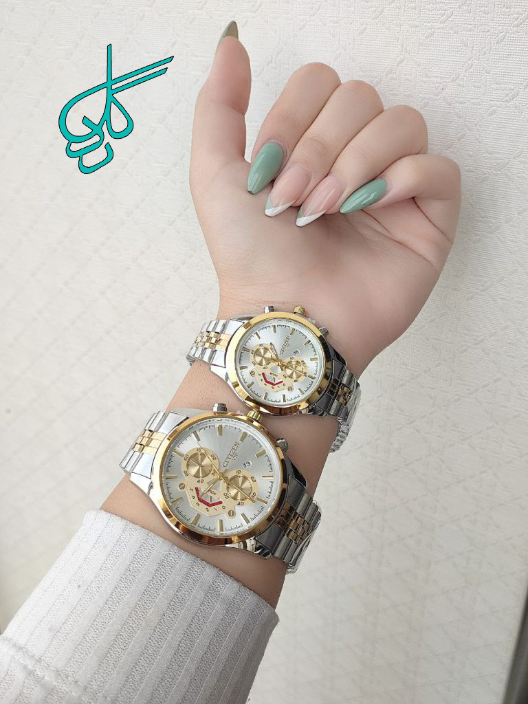 خرید ست ساعت مردانه زنانه سیتیزن تقویم دار بند استیل رنگ ثابت دارای قفل ضامن دار و رنگبندی متنوع کیفیت عالی کد 2116767 - ردگل