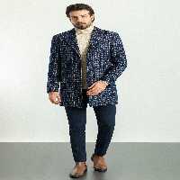 کت آبی مردانه پشمی یقه پهن با رنگ سرمه ای چک شده Mcr