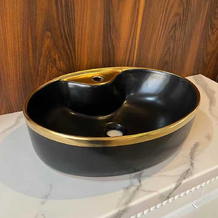 کاسه روشویی مشکی طلایی جا شیر دار  دکو مکور  مدل مگاوالیوم