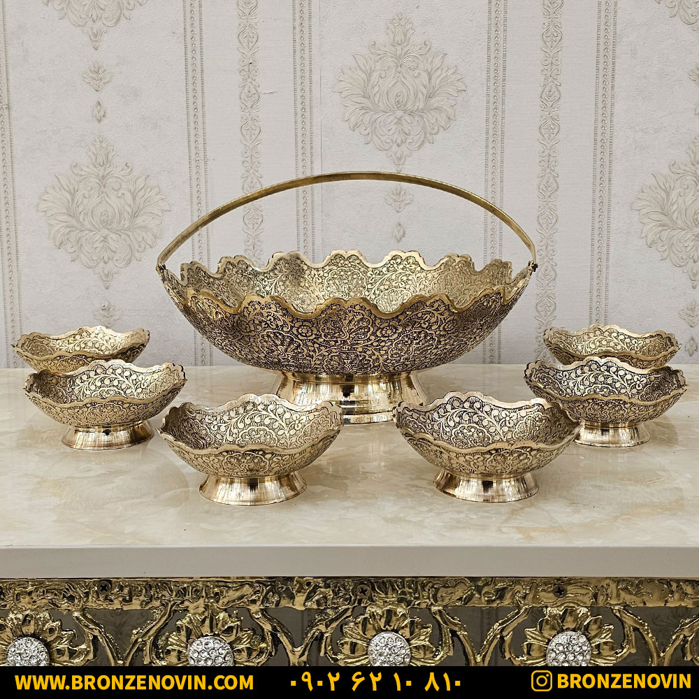 ست پذیرایی و سرویس آجیل خوری برنز هندی طرح طاووس 7 تکه کد 3926