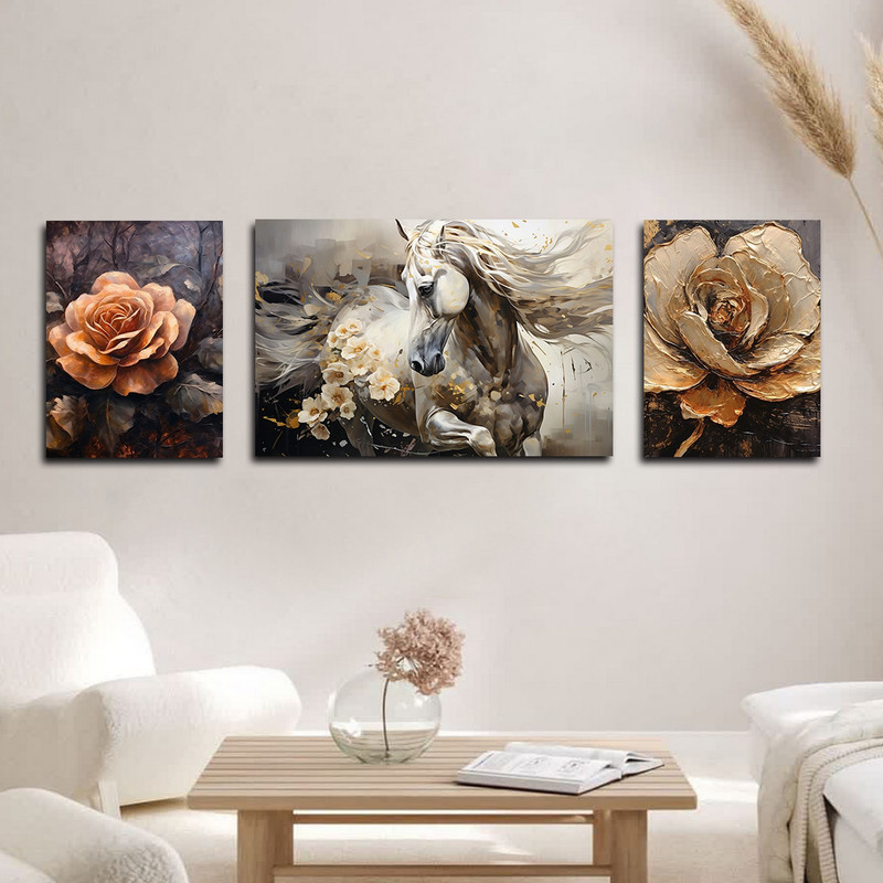 تابلو شاسی دنیای قابطرح نقاشی مدرن رنگ روغن گل و اسب  مدل SH-1612 مجموعه 3 عددی | دنیای قاب