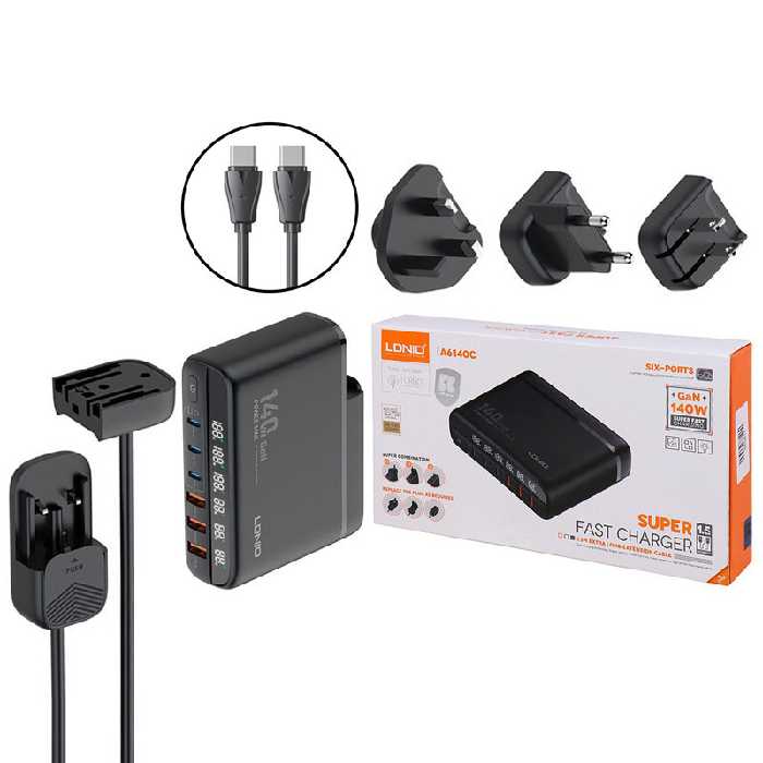 شارژر دیواری 140 وات الدینیو A6140C GaN QC5.0 PD 5A   کابل تبدیل تایپ سی و تبدیل برق