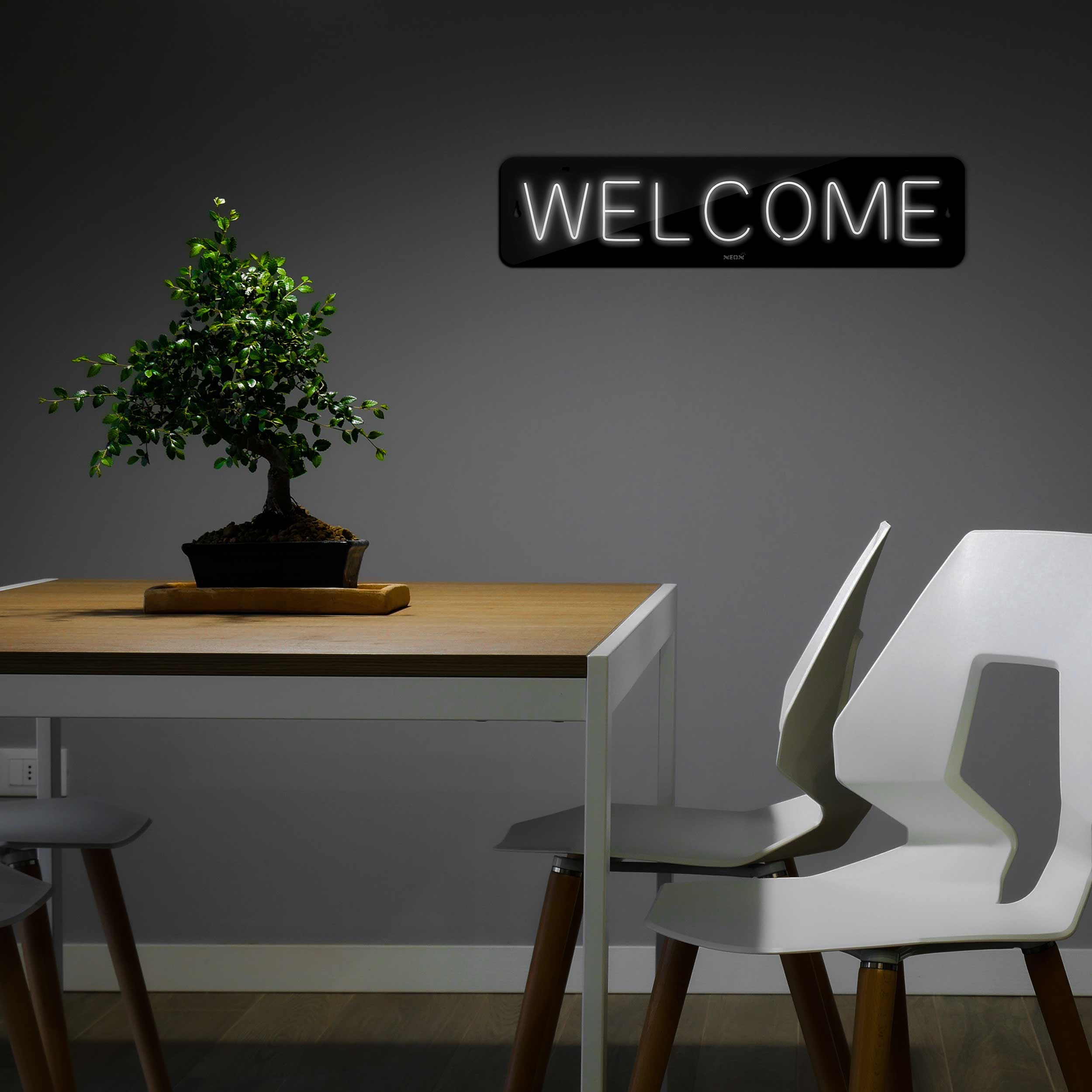 چراغ دیواری نئون دیزاین طرح Welcome-BL_WHT
